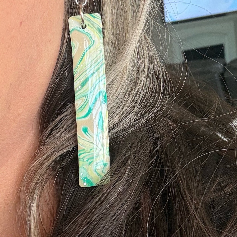 Handmade Rectangular Drop Earrings Polymer Clay Resin 60’s Vibe